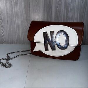 Zara NO Handbag Women's Vegan Leather Brown White Silver Exclamation Chain Strap